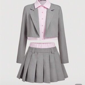 Gray and Pink Two-Piece Skirt Suit